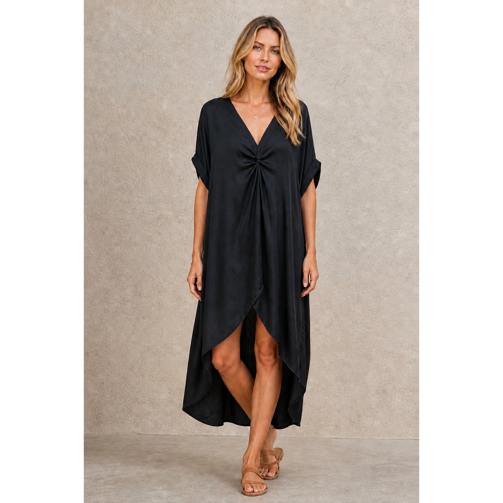 MEO MELI | Black Hi-Low Short Sleeve Kaftan Maxi Dress Laganlook Breezy Coastal